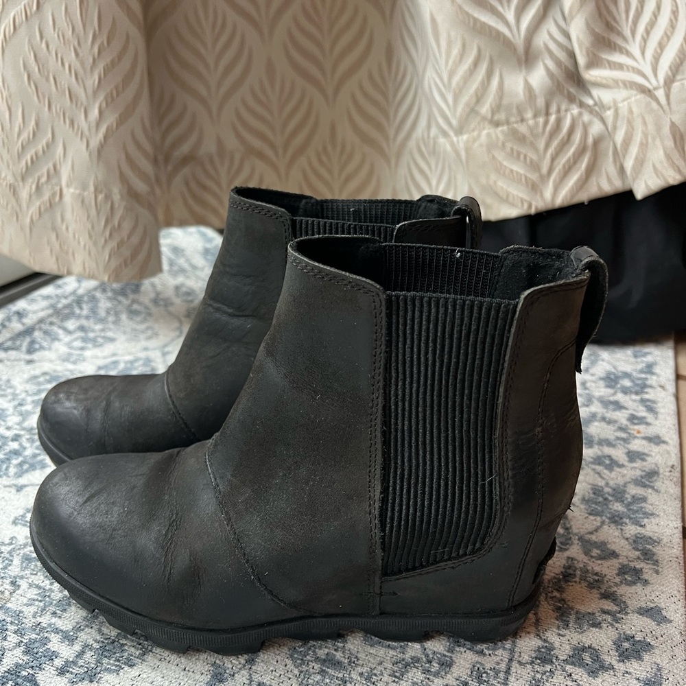 Sorel Black “Joan Rhapsody” Chelsea Ankle Wedge Booties with Elastic Panels